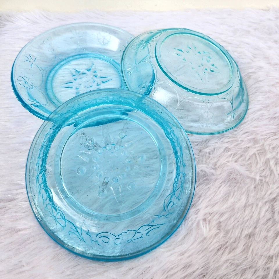Hermoso diseño vintage de cristalería con placa de vidrio azul coleccionable de la década de 1930 3 piezas GL109 Foto 4 de 4