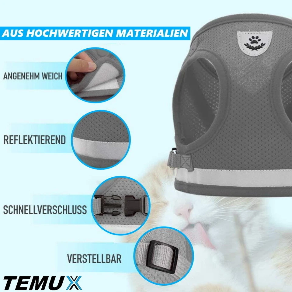 TEMUX Katzengeschirr mit Leine Ausbruchsicher Soft Verstellbar Hundegeschirr - Bild 4 von 4