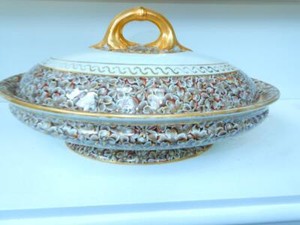 Antique Royal Worcester Tureen cover bowl dish 1887 Gold & brown flower 12 inch
