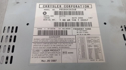 P05064362AB Sistema Audio/Radio Cd para DODGE CALIBER (PM) S 2007 179200 - Imagen 3 de 4