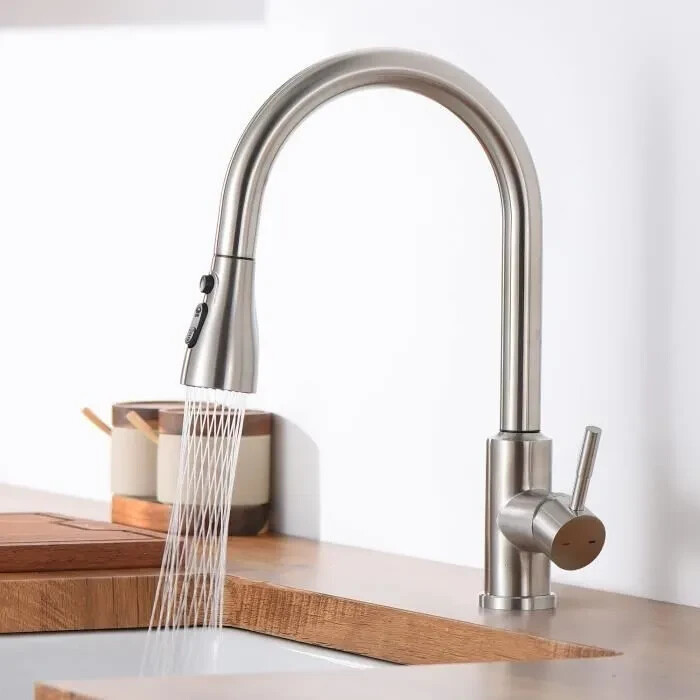 Robinet de cuisine fini nickel brossé avec mitigeur en céramique et douchette ergonomique