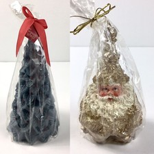 2 Vintage Candles-Christmas Tree Shaped Holly Leaves Red Berries Gold Santa