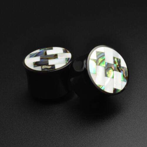 Horns Double Flare Plug with Shell Mosaic Inlay Handmade Organic Ear - Picture 1 of 2