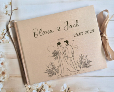 PERSONALISIERTES GÄSTEBUCH MIT PAARMOTIVEN HOCHZEIT, GOLDBEIGE BRAUTPARTY