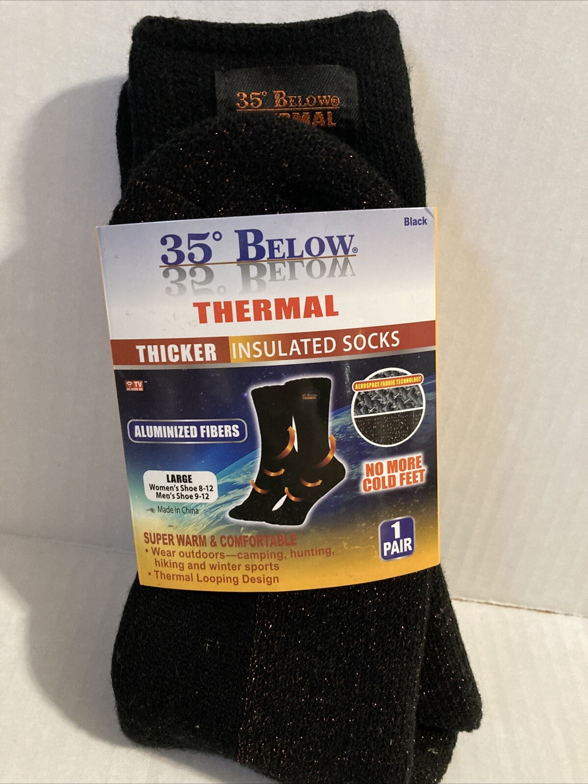 35° Below Thermal Thicker Insulated Socks Aluminized Fibers 1 Pair Black Large