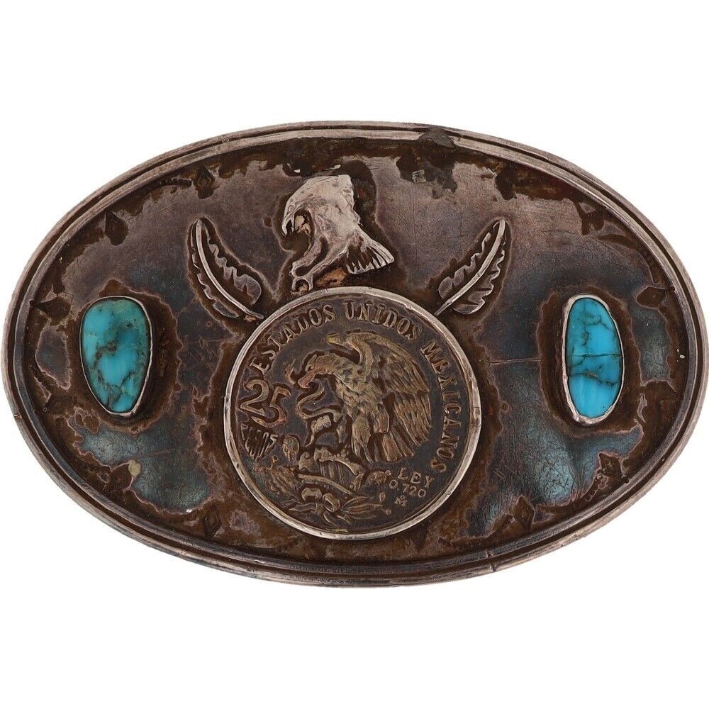 XL Sterling Silver Turquoise Mexico Mexican Eagle Coat Arm Coin
