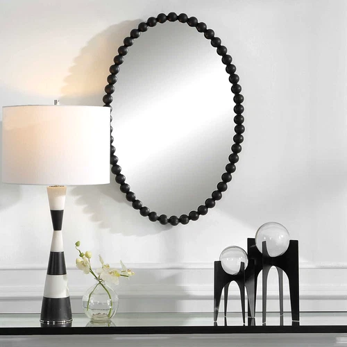 Serna Oval Wall Mirror Beaded Design Vanity Mirror Black Matte ~ Uttermost 09876 - Picture 1 of 5