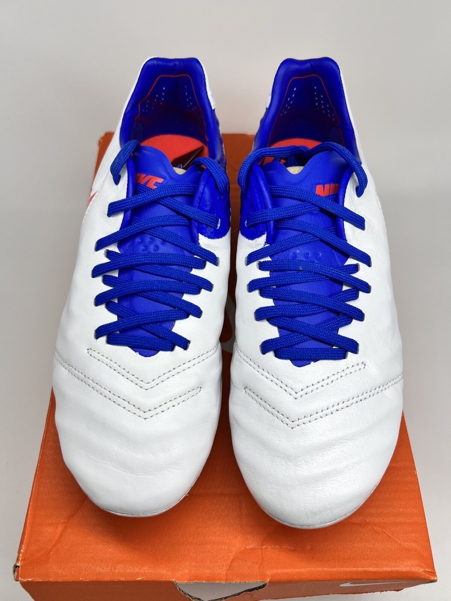 Size 6 Nike Tiempo Legend VI FG ACC Women Soccer Shoes, White/Blue
