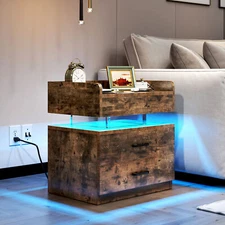 LED Light Nightstand w/ Charging Station Night Stand End Side Table +2 Drawers