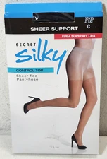Secret Silky Control Top Sheer Support Pantyhose Jet Black Size C NEW