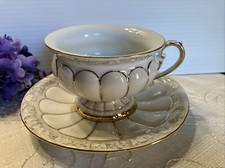 Meissen First Quality X Form White And Gold Scalloped Tea Cup  Saucer Set