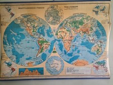 MAPPAMONDO FISICO - PLANISFERO POLITICO antica cartina murale scuola anni 70