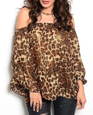 Brown Leopard Gold Shimmer 3/4 Ruffle Sleeve Chiffon Blouse Top