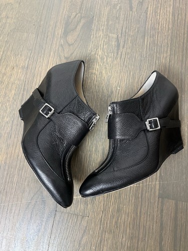 Elizabeth And James Wedge Booties 6.5 Black Leather Zipper Front Buckle Detail - Picture 3 of 17