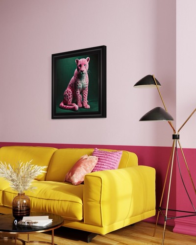 Grey Framed Artwork Of A Pink Leopard With A Dark Green Background On Velvet - Picture 4 of 6
