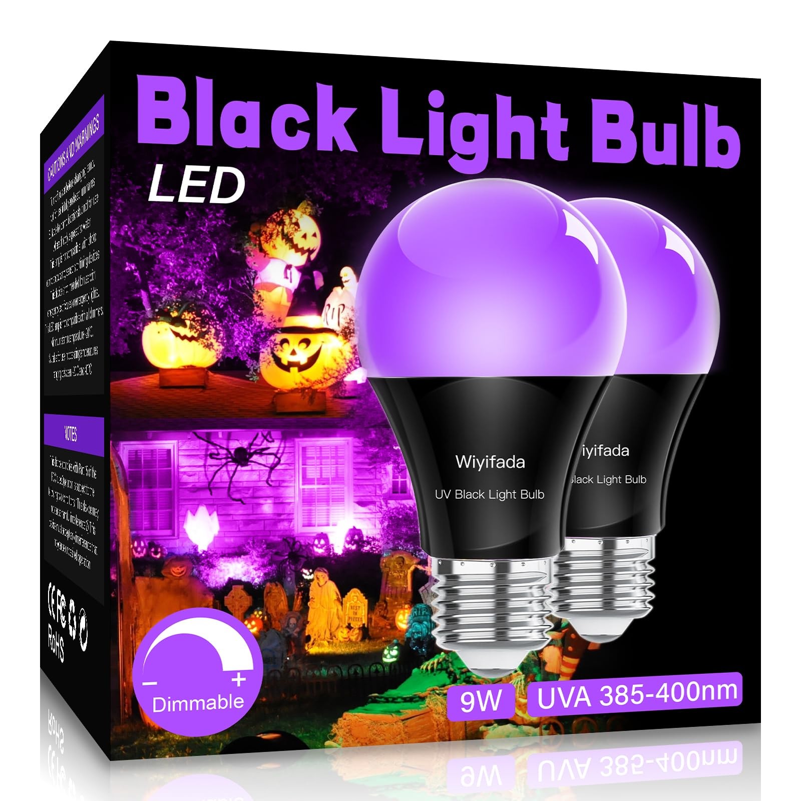 2 Pack, A19 9w Uv E26 Base For Glow In The Dark Use