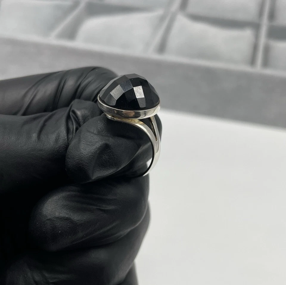 Anello Donna Vintage Argento 925 pietra rotonda Onice nero Tondo Briolè elegante - Immagine 4 di 4