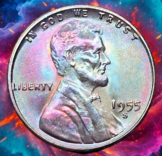 1955 S Lincoln Wheat Cent OBW Monster Toned Rainbow GEM BU Uncirculated Toner 1c