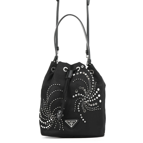 Prada Re-Nylon Beaded Drawstring Nylon Black Bag 1BE067 Shoulder Bag #TZB1259