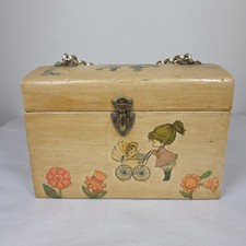 Vtg 60s 70s Decoupage Wooden Box Purse Chain Strap Flowers Mom Baby Couple