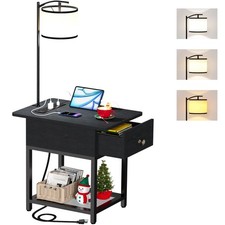 Floor Lamp with Table, Side Table with LED Light and Charging Station, Narrow...
