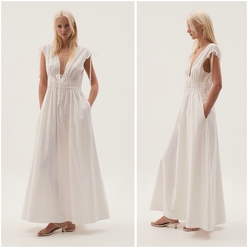 Aje Studio Dress Size AU 10/US 6 Marley White Cotton Ruched Pockets Plunge Maxi