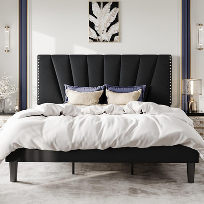 Elegant King Size Bed Frame with Velvet Headboard & Sturdy Support, Black