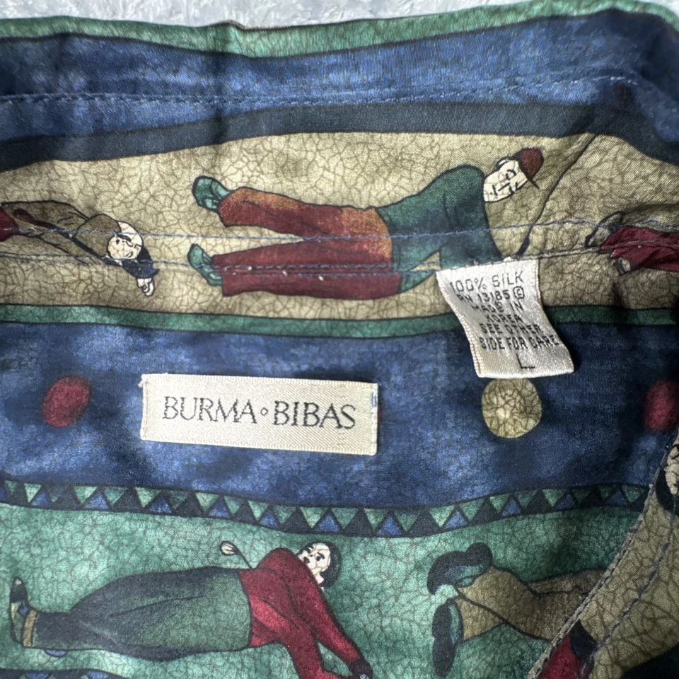 Vintage Burma Bibas Golf All Over Print Shirt Graphic Silk Blue Button Up Mens L - Image 3 of 4