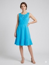 Talbots Turquoise Fit & Flare Dress Cotton Embroidered Sleeveless Polished Sz 4