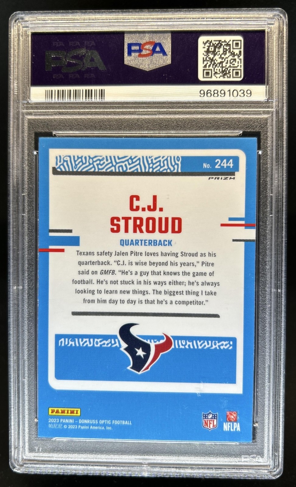 2023 Donruss Optic C.J. Stroud Purple Shock Prizm RC Rated Rookie #244 PSA 8 view 2