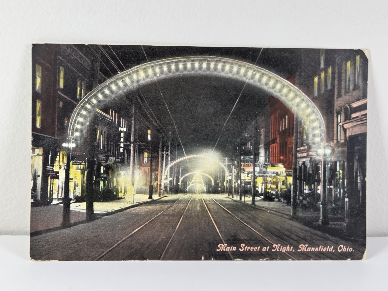 Vintage Postcard c1910 ~ Main Street Night View Trolley Track~ Mansfield Ohio OH