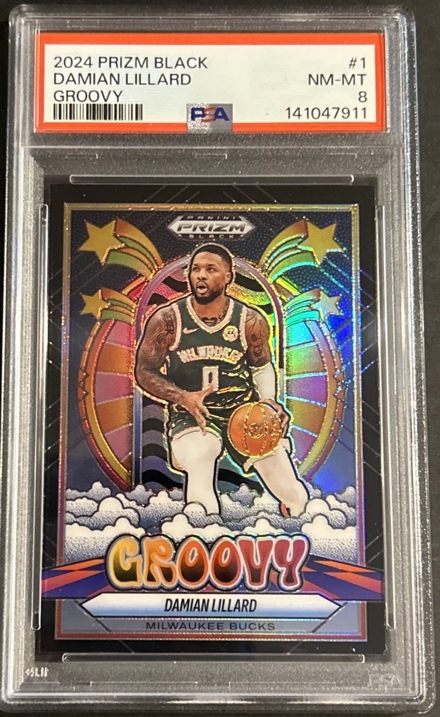 Damian Lillard 2024-25 Panini Prizm Black PSA 8 #1 Groovy SSP Case Hit Rare