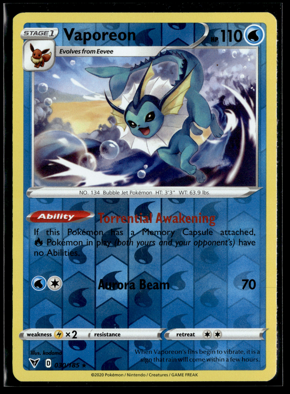 Vaporeon Reverse 030/185 Vivid Voltage English Pokemon Card TCG