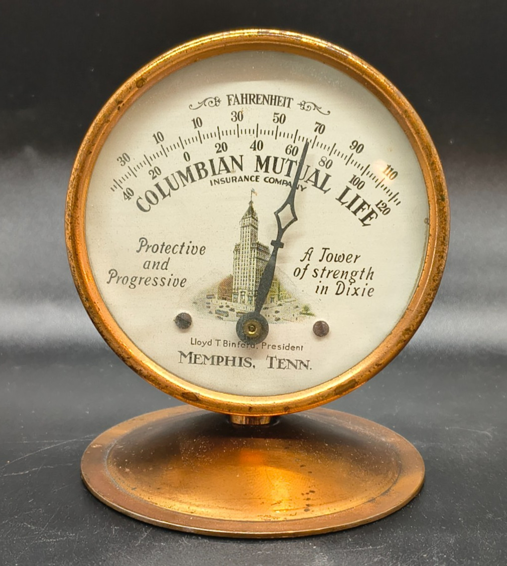 Columbian Mutual Life Insurance Memphis, TN Brass  Advertising Thermometer