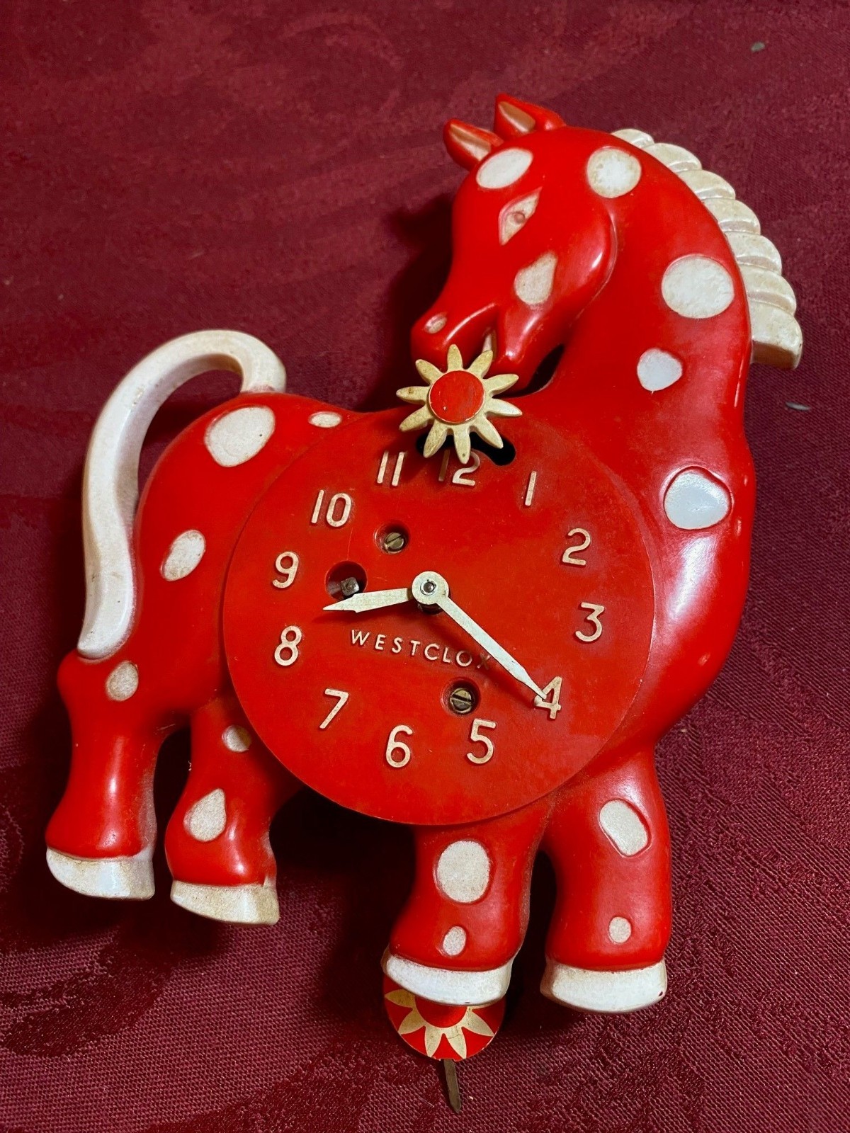 Vintage WESTCLOX Red Calico HORSE PENDULETTE WALL CLOCK Key & Pendulum Works