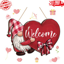 Valentine's Day Gnome Welcome Sign - Wooden Heart Door Hanger for Home Decor