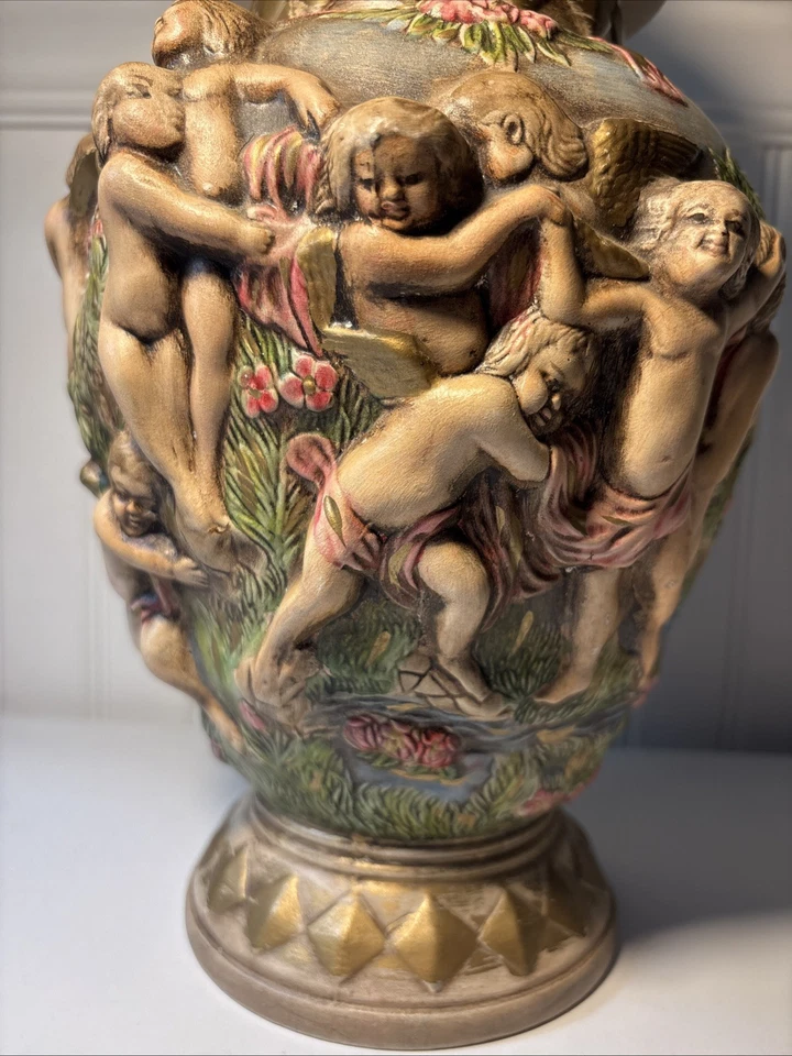 Large Vintage Hand-painted Cherub Lidded Jar Urn - Victorian Style - Image 3 of 4