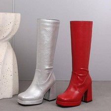 Occident Women's Faux Leather Block Heel Zip Knee High Boots Casual Dress Club