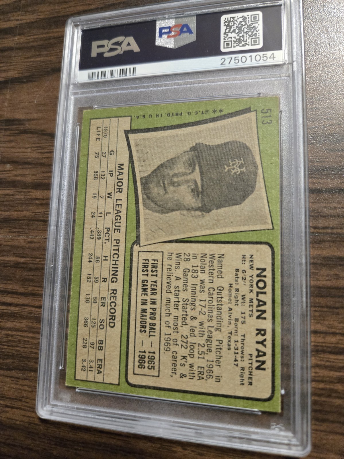 Nolan Ryan 1971 Topps PSA 4(MK) #513 New York Mets view 2