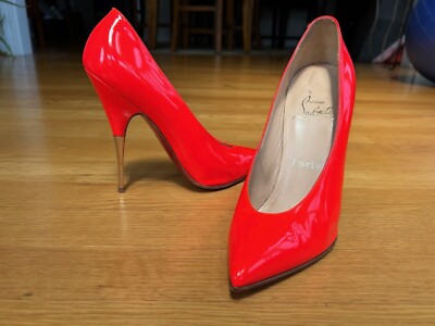 CHRISTIAN LOUBOUTIN Neon Orange Lola 120 Patent Leather Pumps SZ 37 Good 