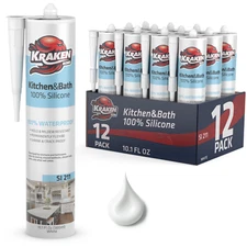 Kraken Bond Kitchen & Bath Silicone Sealant, 10.1oz 12 Pack - White