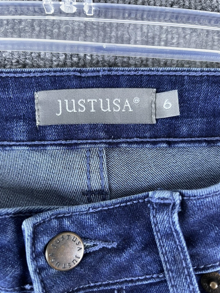 Pantalones de mezclilla Just USA para mujer 6 ajustados tiro alto botones mosca lavado oscuro dobladillo crudo Foto 4 de 4