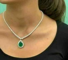 16Ct Pear Cut Lab Created Green Emerald Tennis Necklace 14K White Gold Plated
