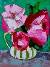 Original Oil Painting Roses Bouquet Artwork Vase In Flowers Impasto 6x8 in