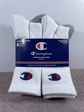 Women Socks Champion Pack Of 6 Pairs White, Black & Gray Crew Shoe Size 5-9