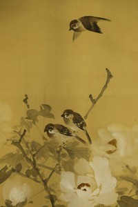 JAPANESE HANGING SCROLL ART Painting "Bird and Flower" Asian antique #E4980