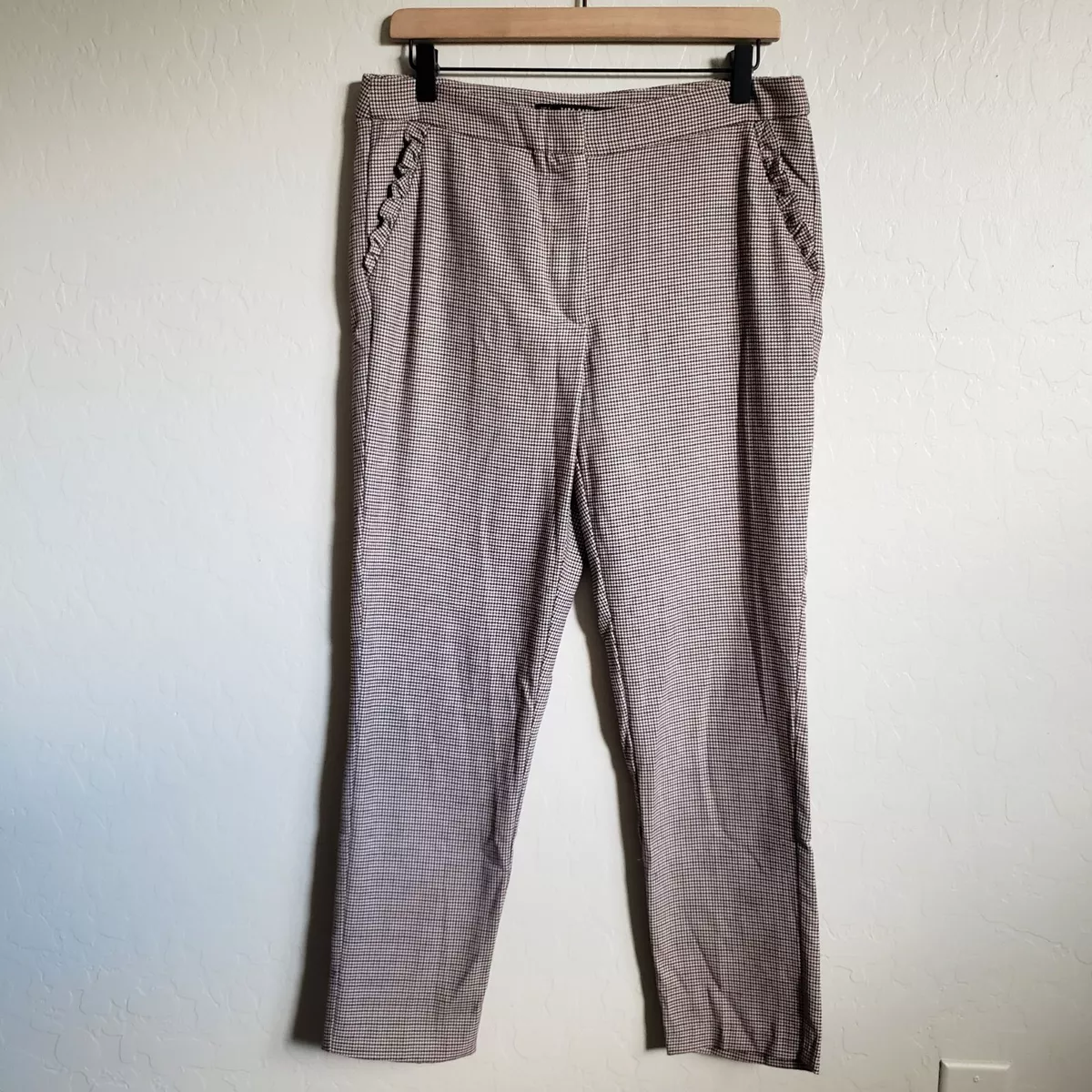Zara Houndstooth Ankle Cropped Pants Trousers Ruffle Pockets Size Women s Large