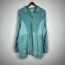 Parsley & Sage Tunic Top Womens 2X Green Blue Mixed Media Embroidered Button Up