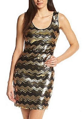 guess chevron sequin dress GUESS Black/Gold Sequin Chevron Striped Stretch Sheath Dress - MSRP $158
