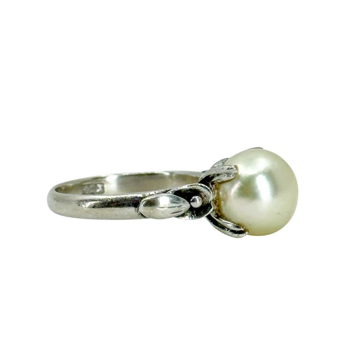 Vintage Solitaire Japanese Saltwater Akoya Cultured Pearl Silver Ring Sz 4.50